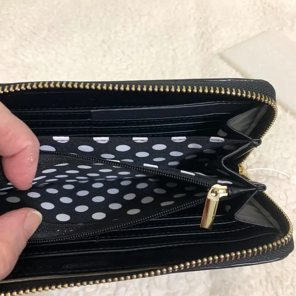 Black Wavy Texture Striated Patent Leather Zip Around Continental Clutch Wallet